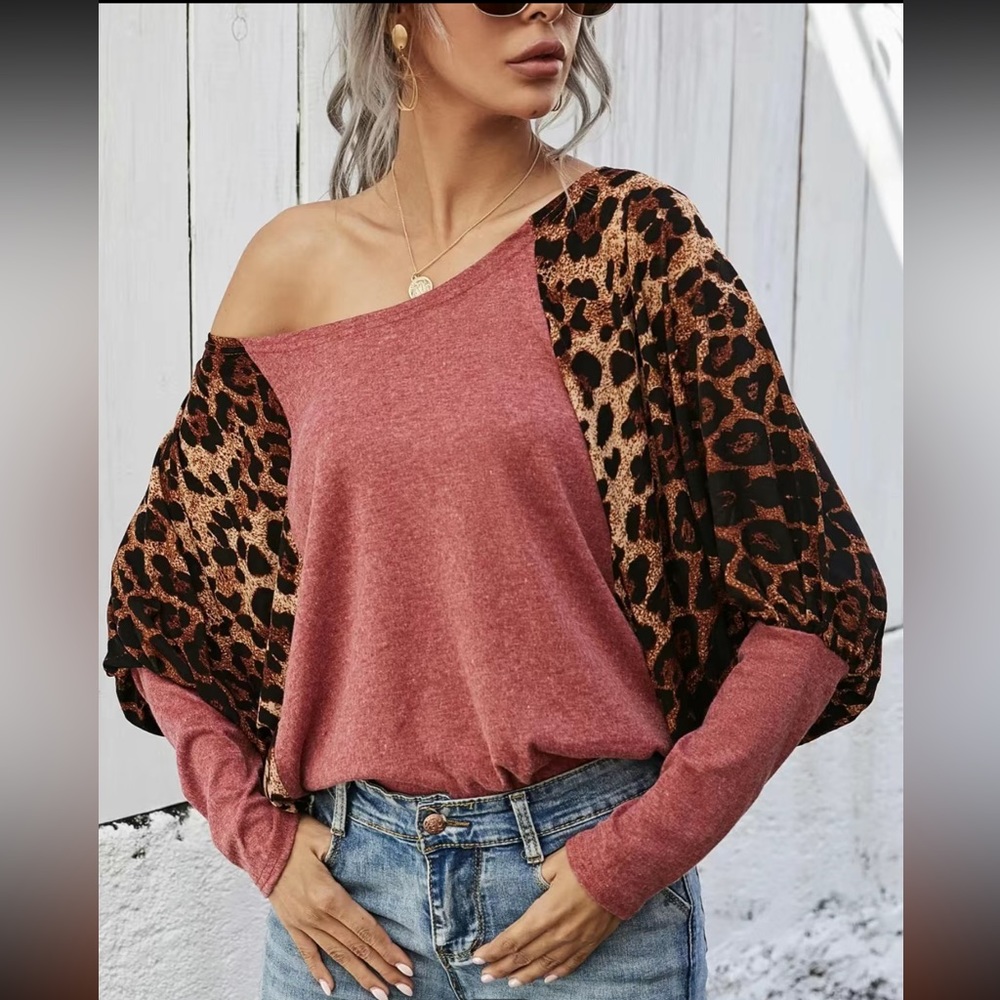 Casual Batwing Sleeve Drop Shoulder Leopard Print T-Shirts Women's Clothing